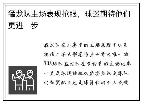 猛龙队主场表现抢眼，球迷期待他们更进一步